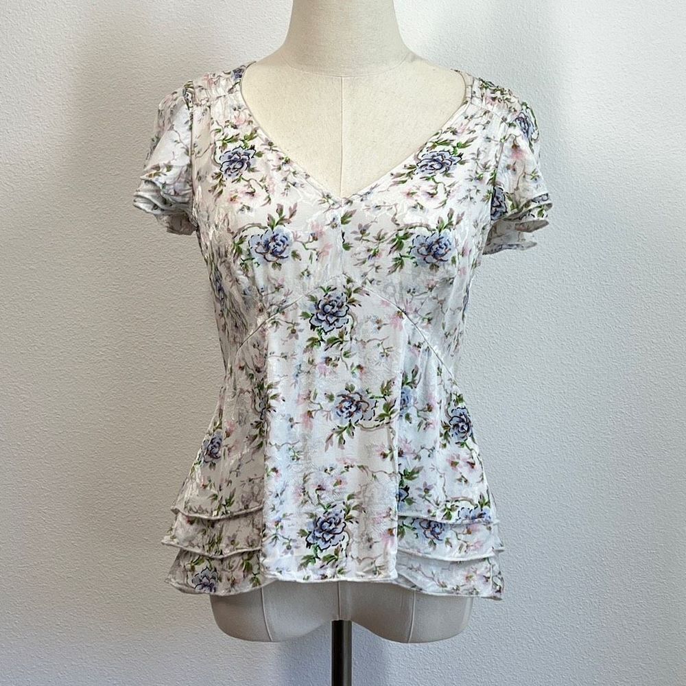 By Anthropologie Ruffled Peplum Top - White, Blue Pink Floral - Size 4